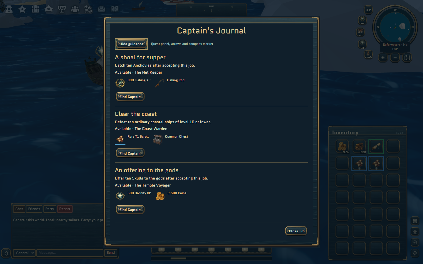 Actual Captain’s Journal after the first voyage, showing three unfinished island quests, their rewards and navigation buttons